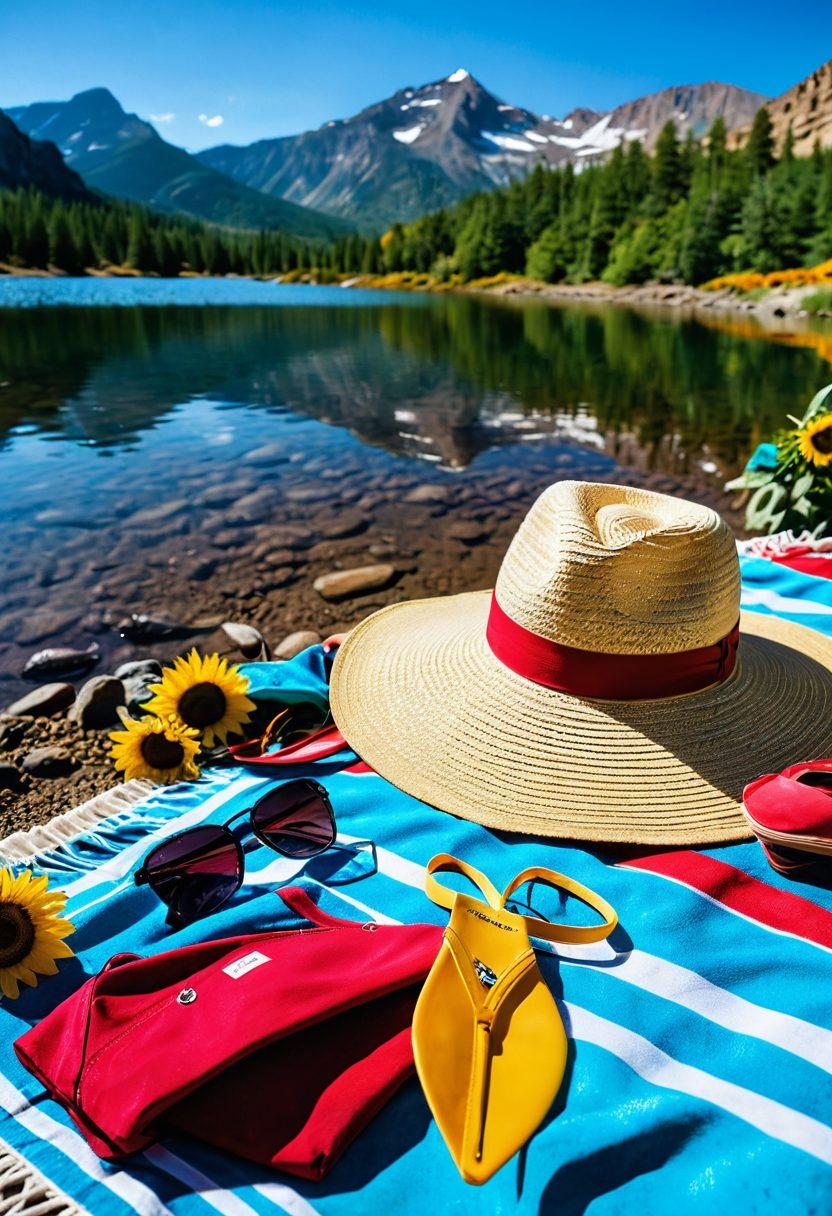 A bright, sun-soaked scene showcasing a variety of vibrant bikinis displayed on colorful beach towels amidst a mountainous Colorado backdrop. Include a clear blue sky, sunflowers, and a refreshing mountain lake in the distance. Add a stylish hat and sunglasses alongside a beach bag filled with summer accessories. Capture the essence of summer fashion and adventure in Colorado. vibrant colors. super-realistic.